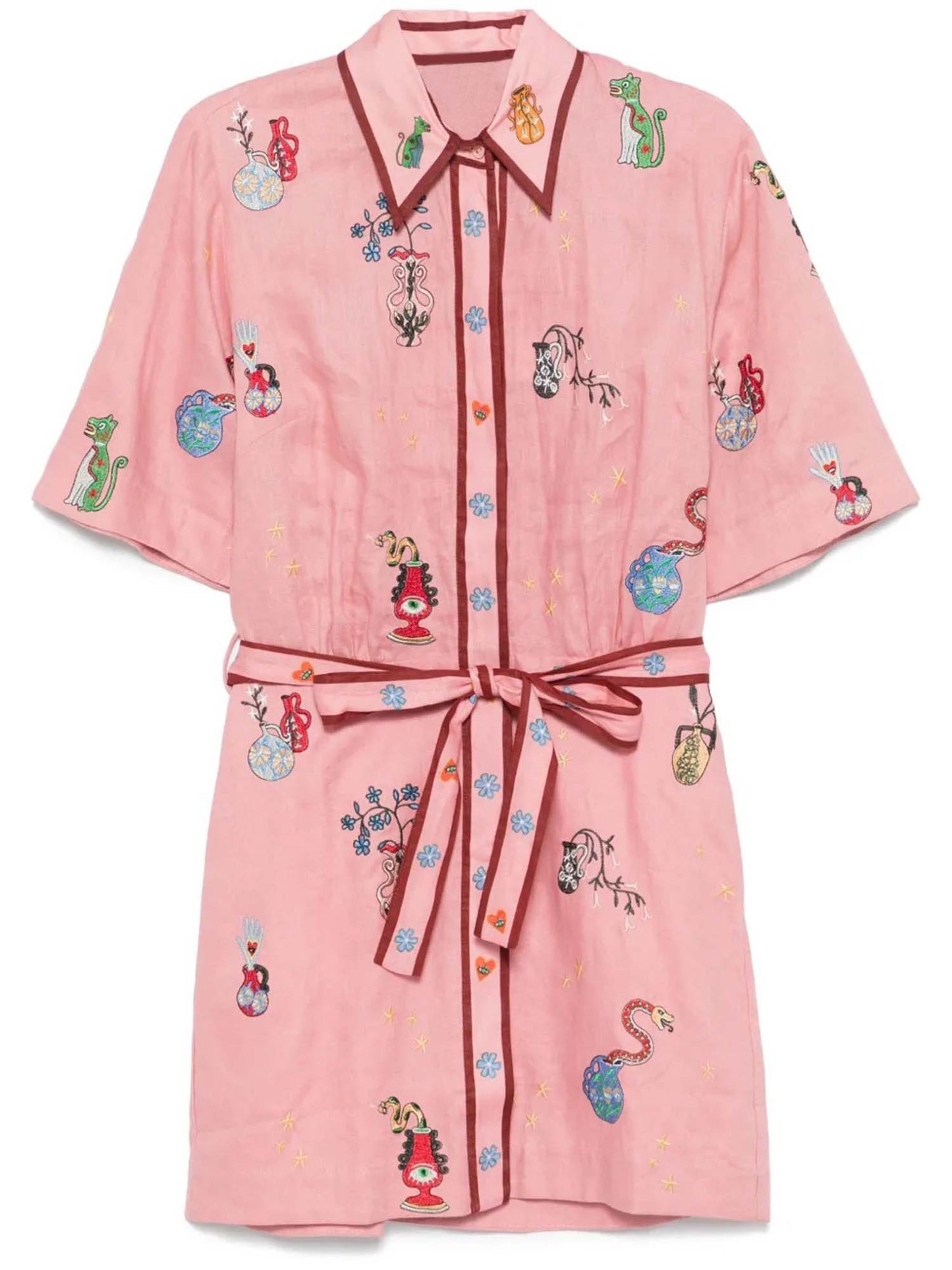MINI VESTIDO CAMISERO BORDADO CON MOTIVOS BOTÁNICOS EN COLOR ROSA - Veska