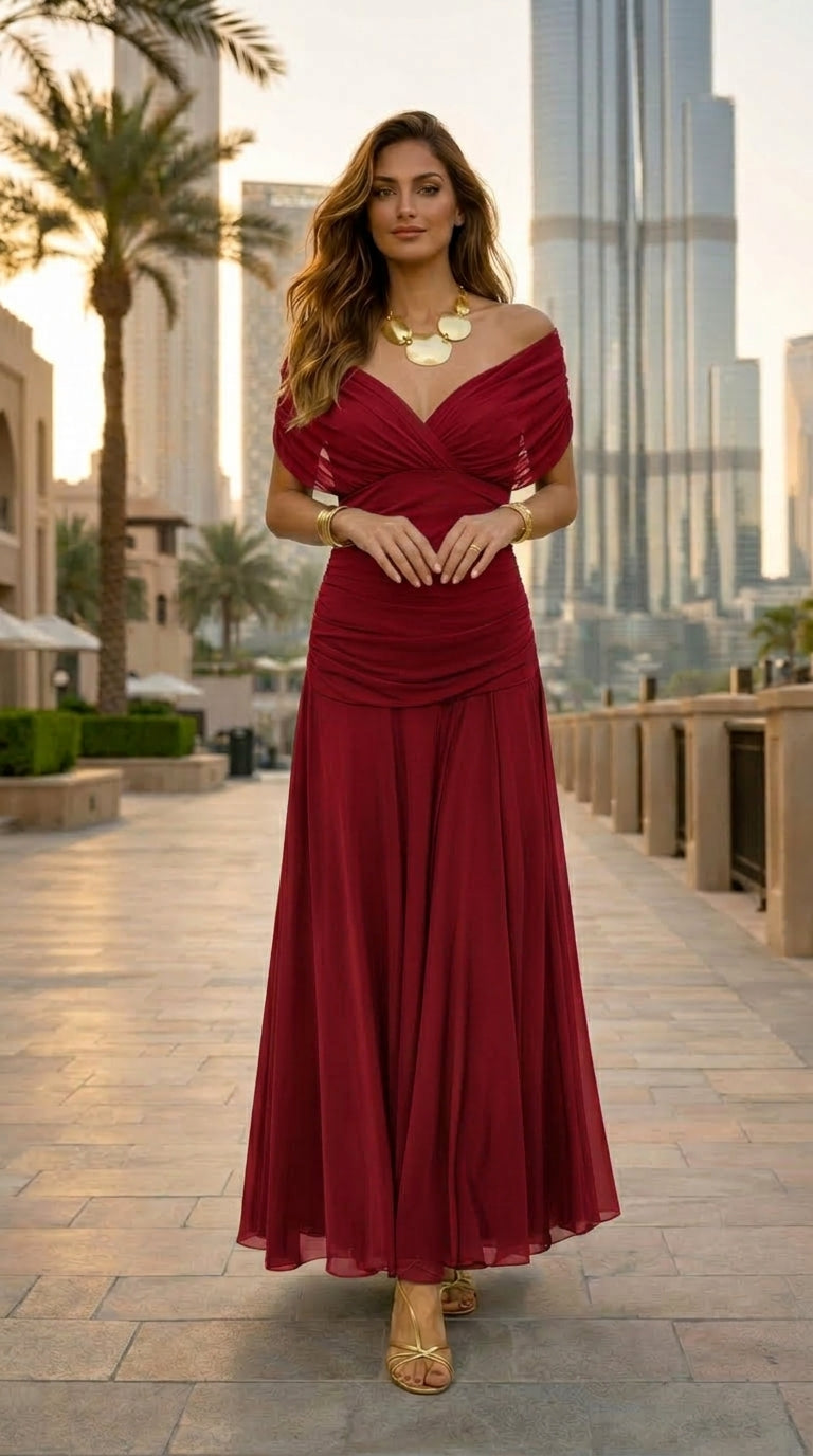Vestido largo de gasa Isla I de Veska colgado, con tela ligera y elegante, ideal para eventos formales y ocasiones especiales.