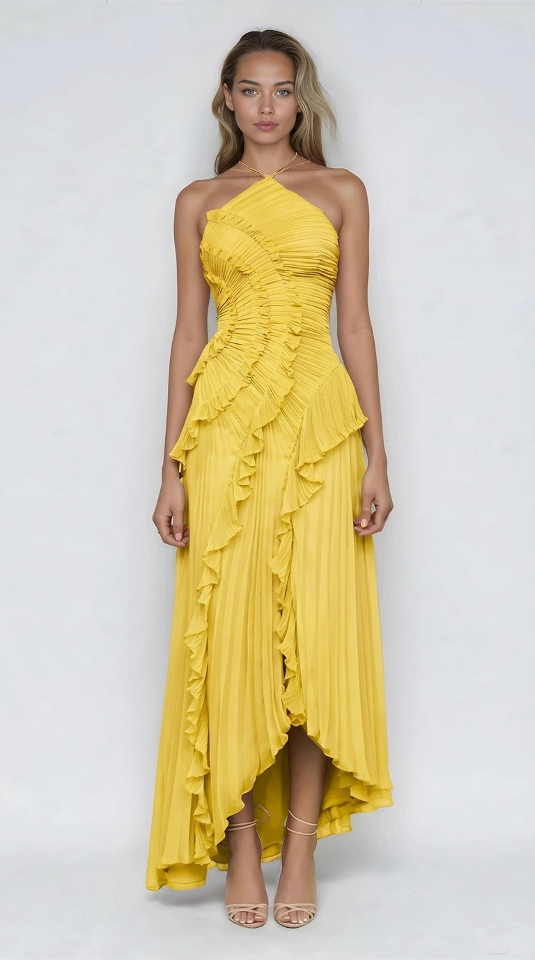 Vestido amarillo de Veska Isadora I con volantes, edición limitada, vestido de moda femenina con detalles elegantes.