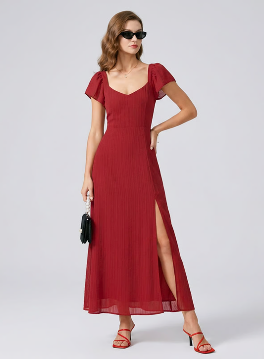 Vestido de gala VESKA con silueta en A, confeccionado en un sofisticado tejido Jacquard de alta estructura.