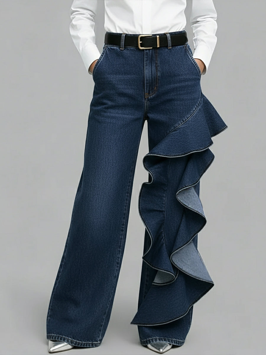 PANTALÓN VAQUERO WIDE LEG CON VOLANTE ASIMÉTRICO - Veska