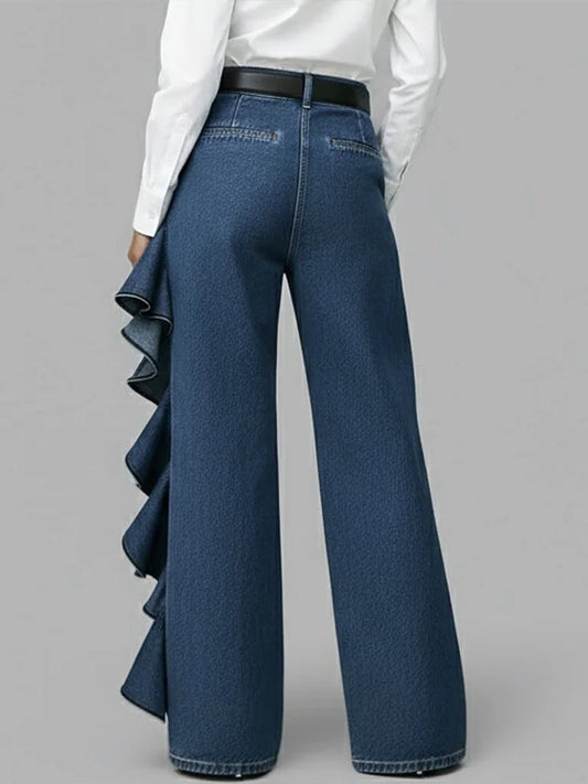 PANTALÓN VAQUERO WIDE LEG CON VOLANTE ASIMÉTRICO - Veska