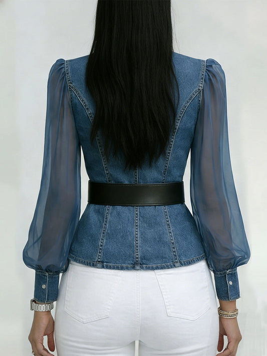 Elegant, Slim-fitting Denim Top With Organza Sleeves. - Veska