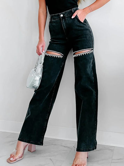 Rhinestone Detailed Distressed Straight Jeans - Veska 