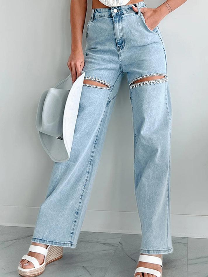 Rhinestone Detailed Distressed Straight Jeans - Veska 