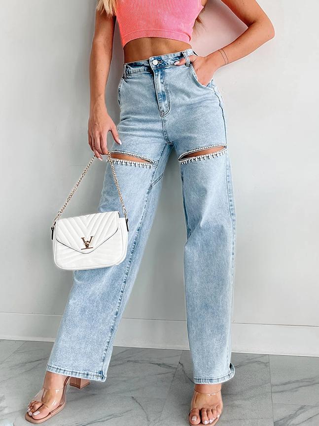 Rhinestone Detailed Distressed Straight Jeans - Veska 