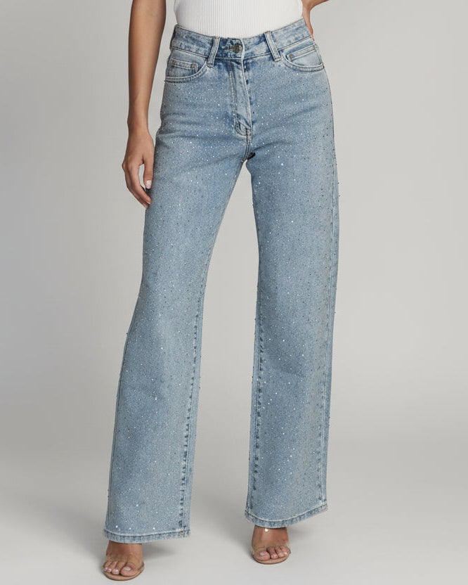 High Waisted Diamanté Straight Leg Jeans - Veska 