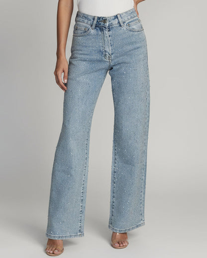 High Waisted Diamanté Straight Leg Jeans - Veska 