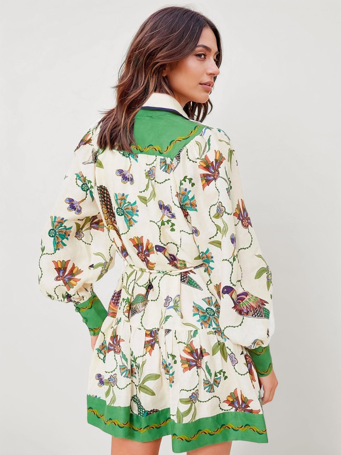 VESTIDO MINI CAMISERO ESTAMPADO CON CINTURA AJUSTABLE - Veska 