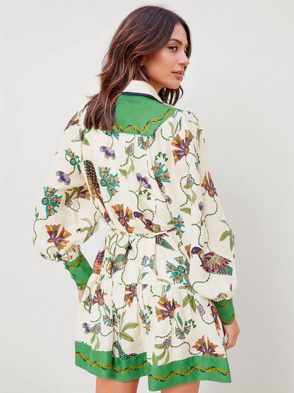 VESTIDO MINI CAMISERO ESTAMPADO CON CINTURA AJUSTABLE - Veska 