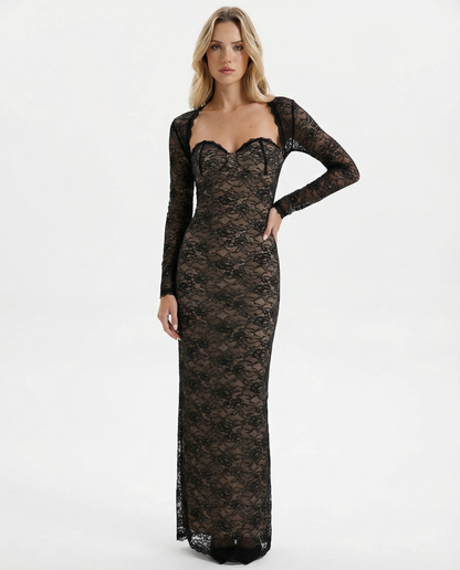 VESTIDO LARGO DE ENCAJE CON ESCOTE CORAZÓN - Veska 
