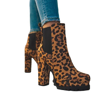 Round-toe Ankle Boots Solid Leopard Print Thick Square High Heel Shoes Ladies Casual Fashion Autumn Winter Suede Dress Party Boots - Veska 