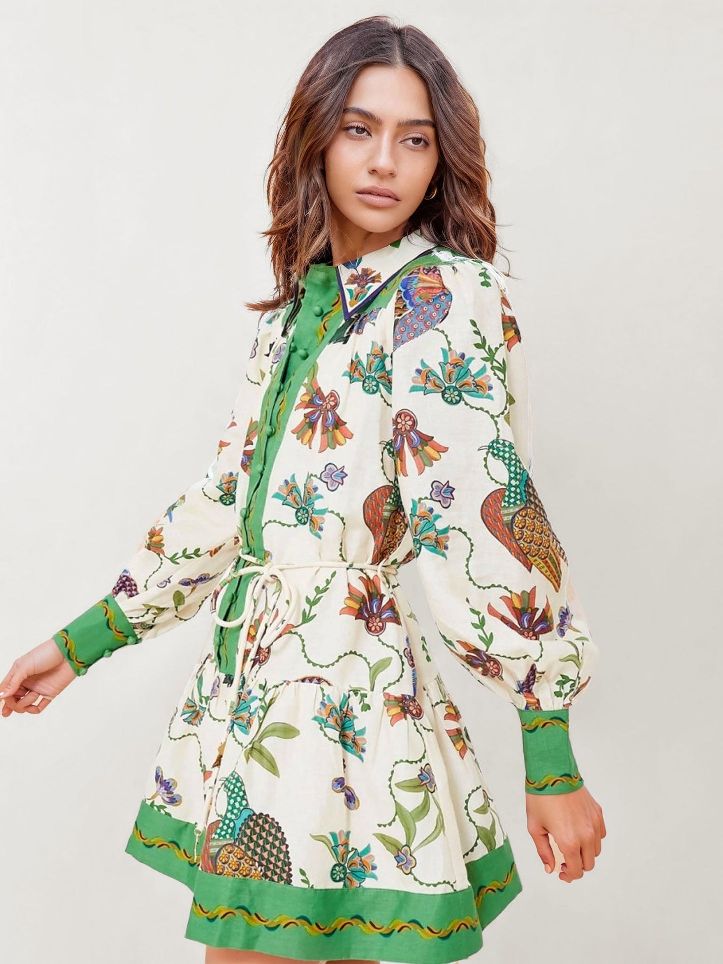 VESTIDO MINI CAMISERO ESTAMPADO CON CINTURA AJUSTABLE - Veska 