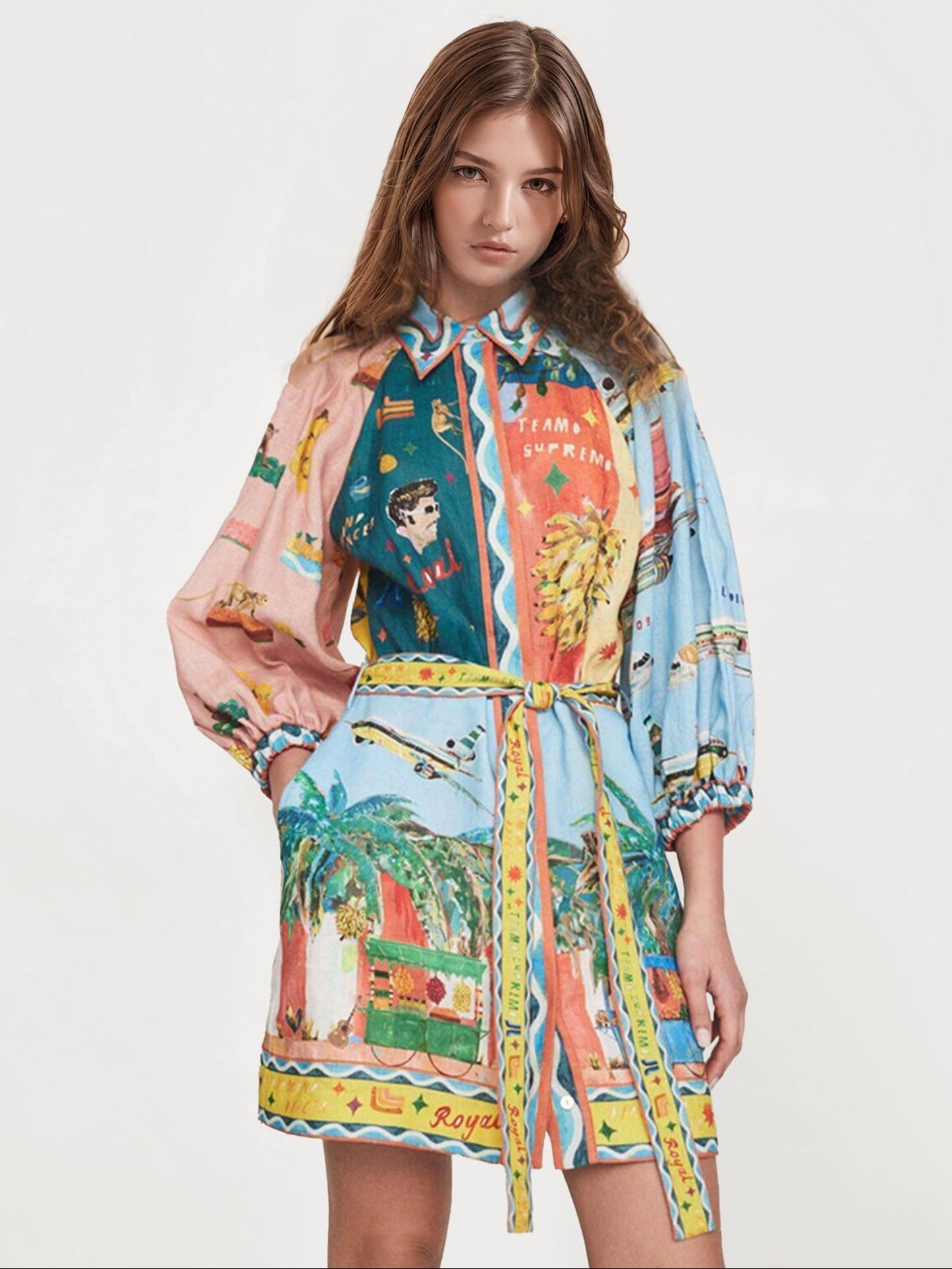 VESTIDO CAMISERO MINI ESTAMPADO ARTÍSTICO - Veska 