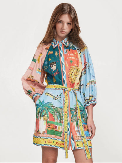 VESTIDO CAMISERO MINI ESTAMPADO ARTÍSTICO - Veska 