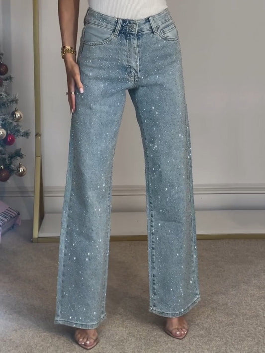 High Waisted Diamanté Straight Leg Jeans - Veska