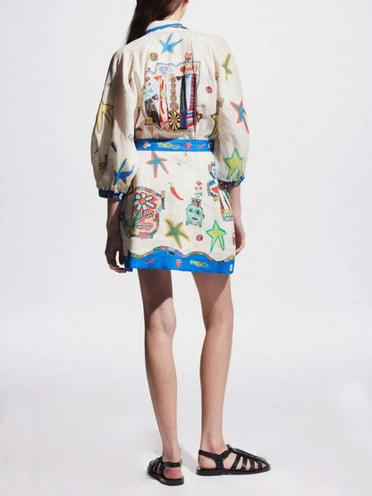 MINI VESTIDO CON ESTAMPADO TROPICAL Y CINTURÓN - Veska 