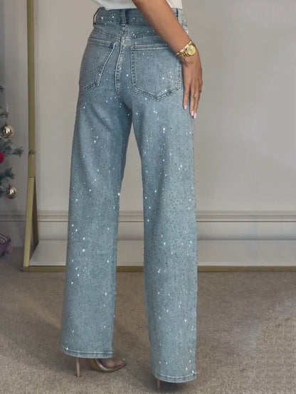 High Waisted Diamanté Straight Leg Jeans - Veska 
