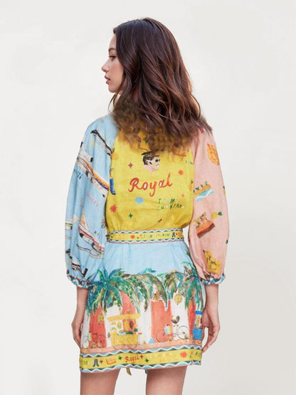 VESTIDO CAMISERO MINI ESTAMPADO ARTÍSTICO - Veska 