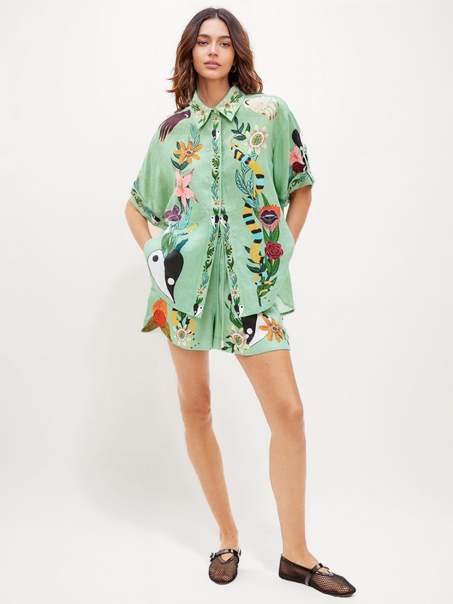 CONJUNTO CAMISA Y SHORT ESTAMPADO TROPICAL - Veska 