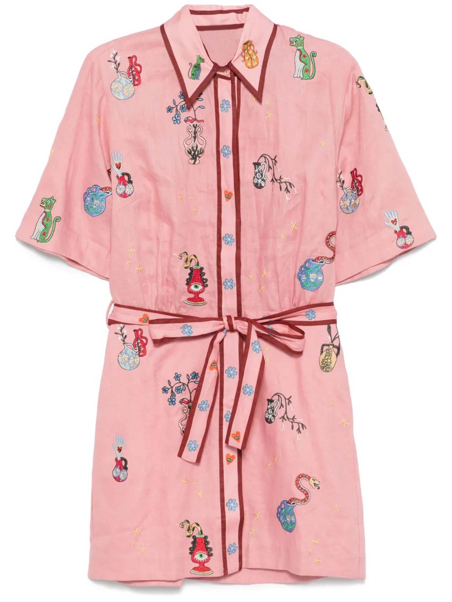 MINI VESTIDO CAMISERO BORDADO CON MOTIVOS BOTÁNICOS EN COLOR ROSA - Veska 