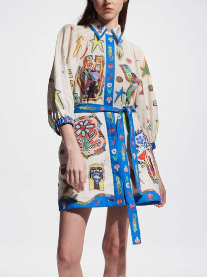 MINI VESTIDO CON ESTAMPADO TROPICAL Y CINTURÓN - Veska 