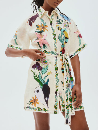 VESTIDO CAMISERO CON ESTAMPADO FLORAL Y LAZO EN LA CINTURA - Veska 