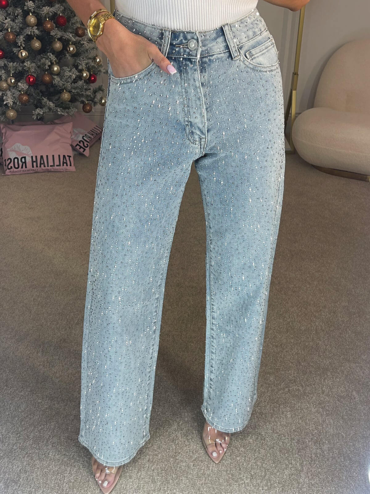 High Waisted Diamanté Straight Leg Jeans - Veska 