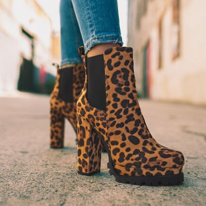 Round-toe Ankle Boots Solid Leopard Print Thick Square High Heel Shoes Ladies Casual Fashion Autumn Winter Suede Dress Party Boots - Veska 