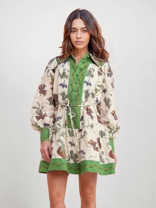 VESTIDO MINI CAMISERO ESTAMPADO CON CINTURA AJUSTABLE - Veska 
