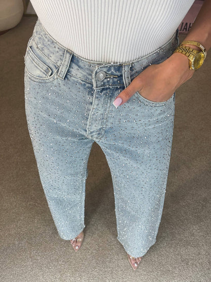High Waisted Diamanté Straight Leg Jeans - Veska 