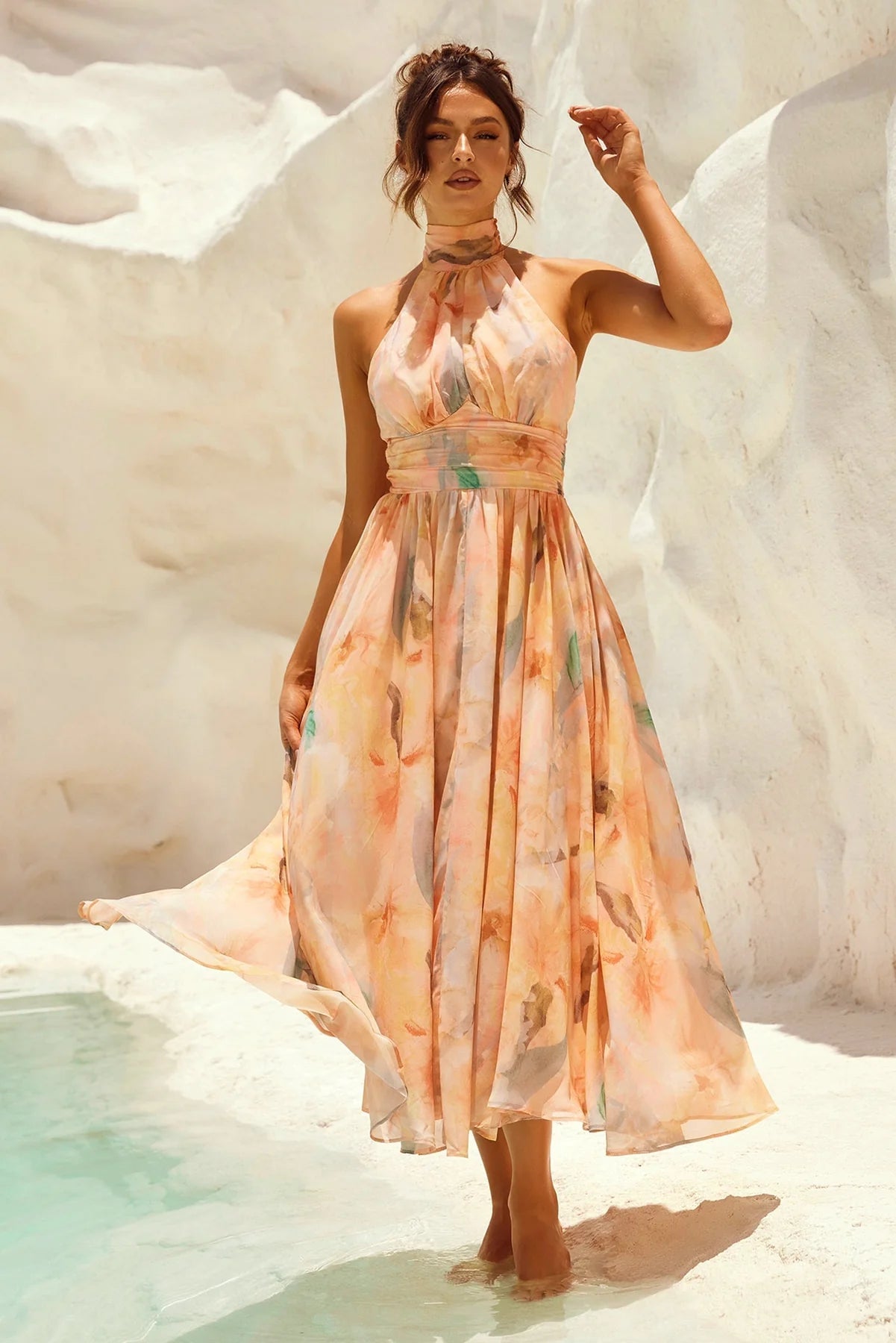 VESTIDO MIDI HALTER TONOS PASTEL ACUARELA - Veska 