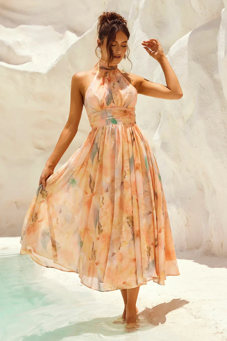 VESTIDO MIDI HALTER TONOS PASTEL ACUARELA - Veska 