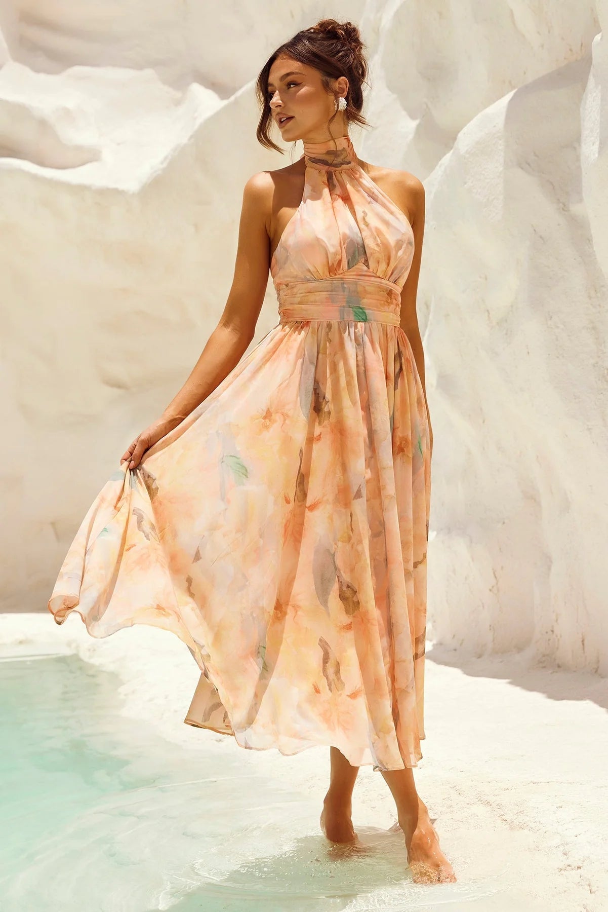 VESTIDO MIDI HALTER TONOS PASTEL ACUARELA - Veska 