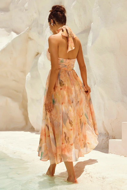 VESTIDO MIDI HALTER TONOS PASTEL ACUARELA - Veska 