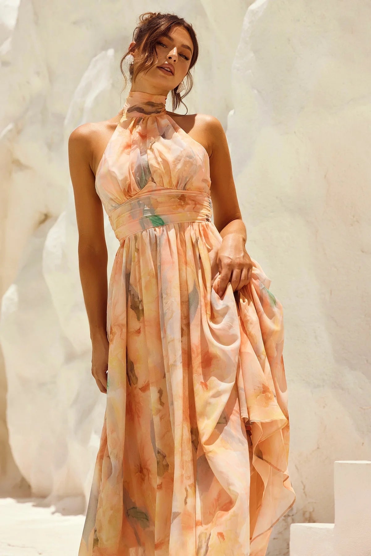 VESTIDO MIDI HALTER TONOS PASTEL ACUARELA - Veska 