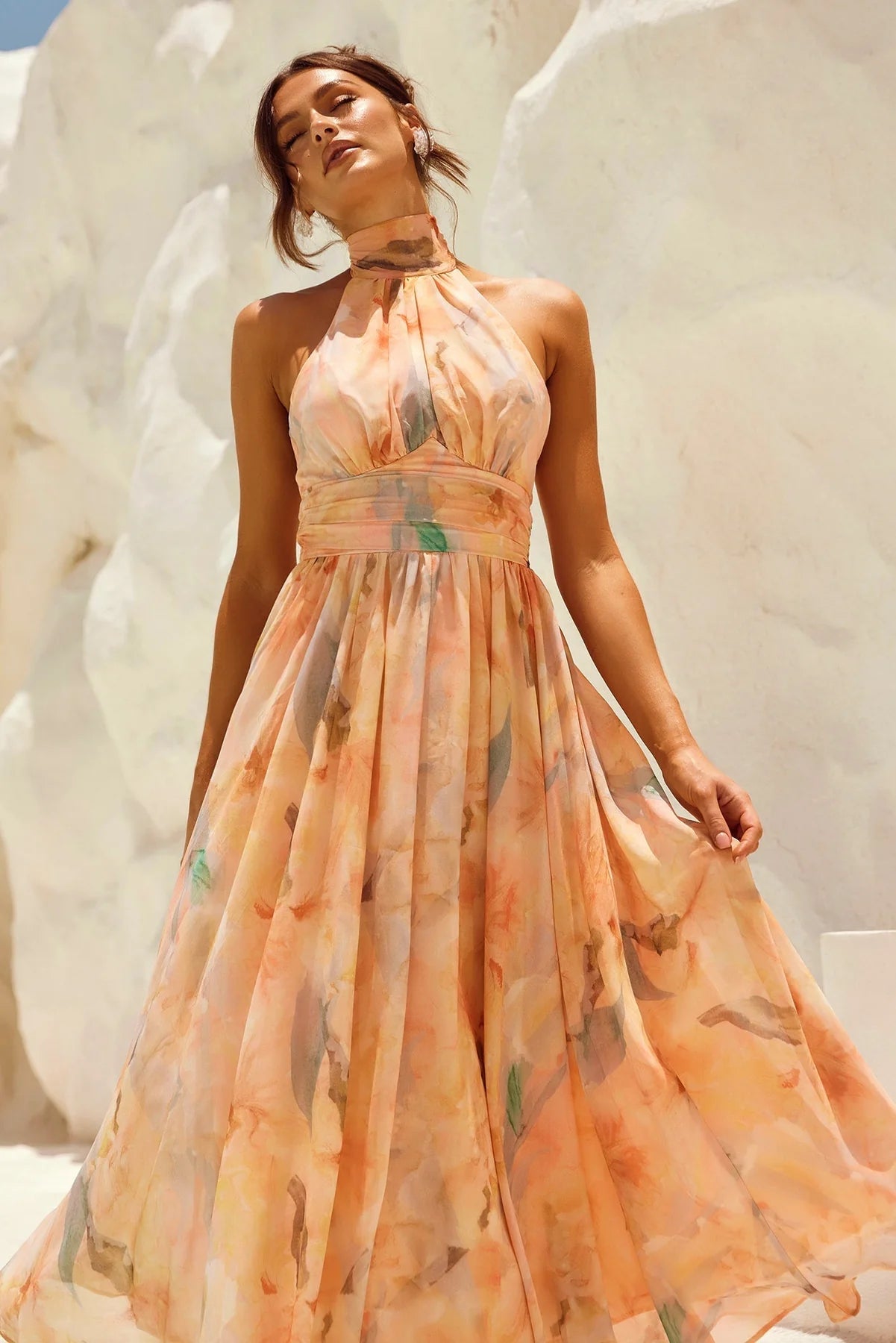VESTIDO MIDI HALTER TONOS PASTEL ACUARELA - Veska 