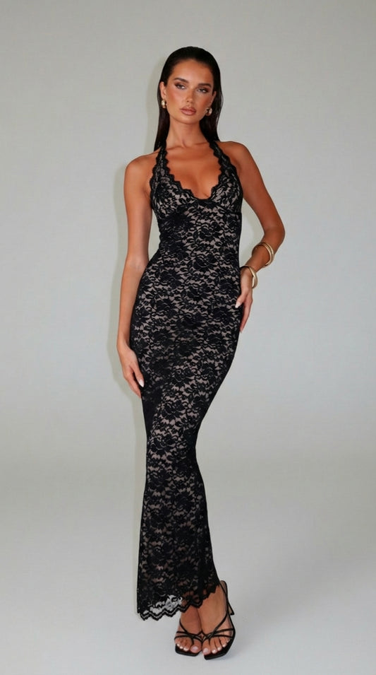 VESTIDO LARGO ENCAJE HALTER - Veska 