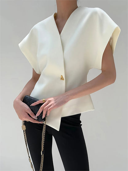 Trendy V-Neck Button Down Blouse - Veska 