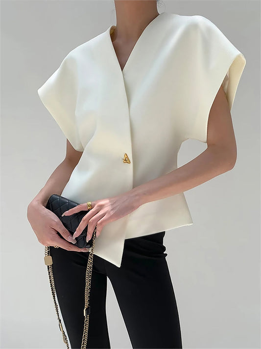Trendy V-Neck Button Down Blouse - Veska 