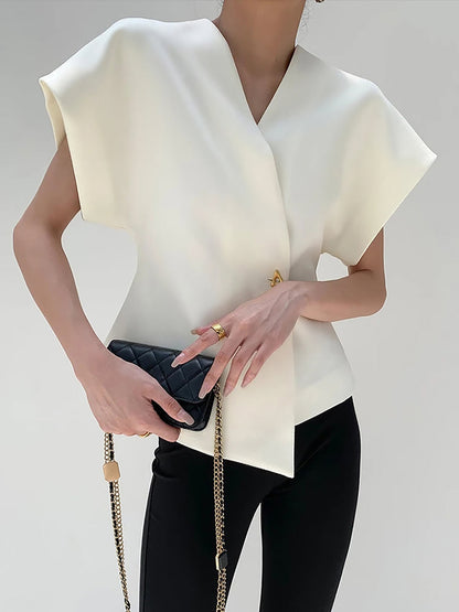 Trendy V-Neck Button Down Blouse - Veska 