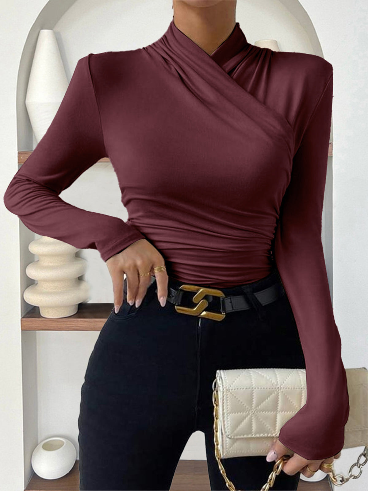 CAMISETA CRUZADA CON CUELLO PLISADO - Veska 