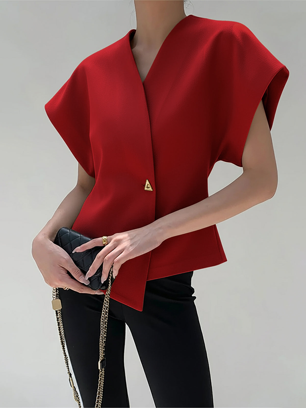 Trendy V-Neck Button Down Blouse - Veska 