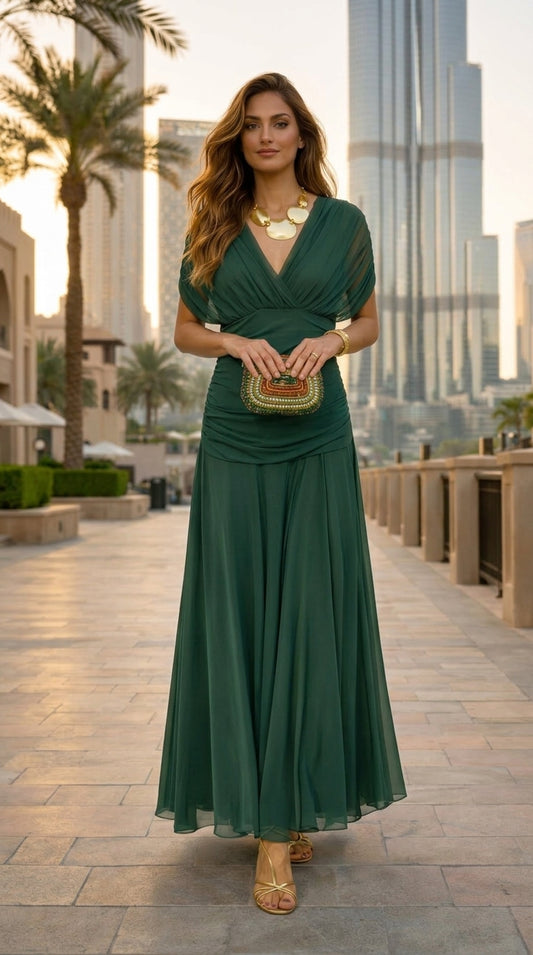 Vestido largo de gasa Isla I de Veska en color verde, con estilo fluido y elegante para ocasiones especiales.