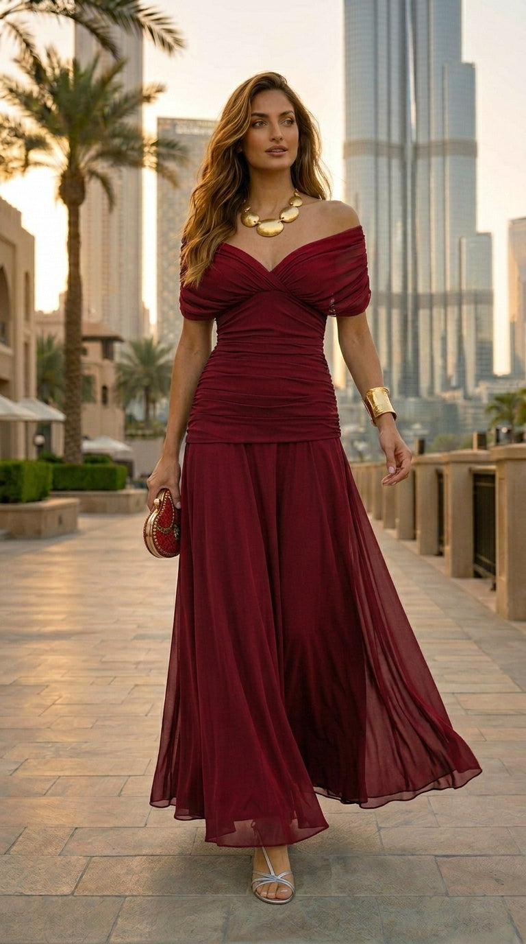 Vestido largo de gasa Isla I de Veska en color azul, con diseño fluido y elegante, ideal para ocasiones especiales.