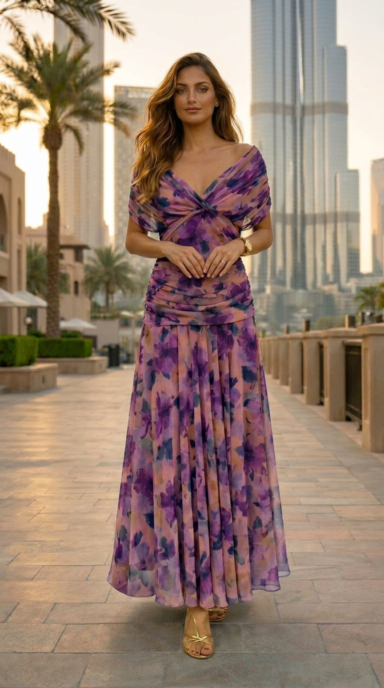 Vestido largo de gasa verde de Veska, con diseño fluido y elegante, ideal para eventos y ocasiones especiales.
