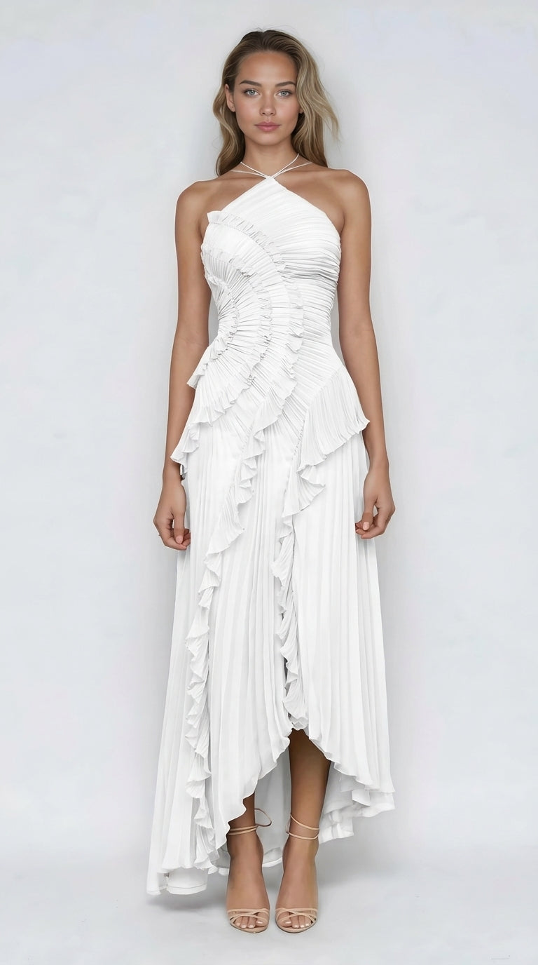 Vestido rosa con volantes de Veska, edición limitada, diseñado para ocasiones especiales, con detalles elegantes y estilo exclusivo.