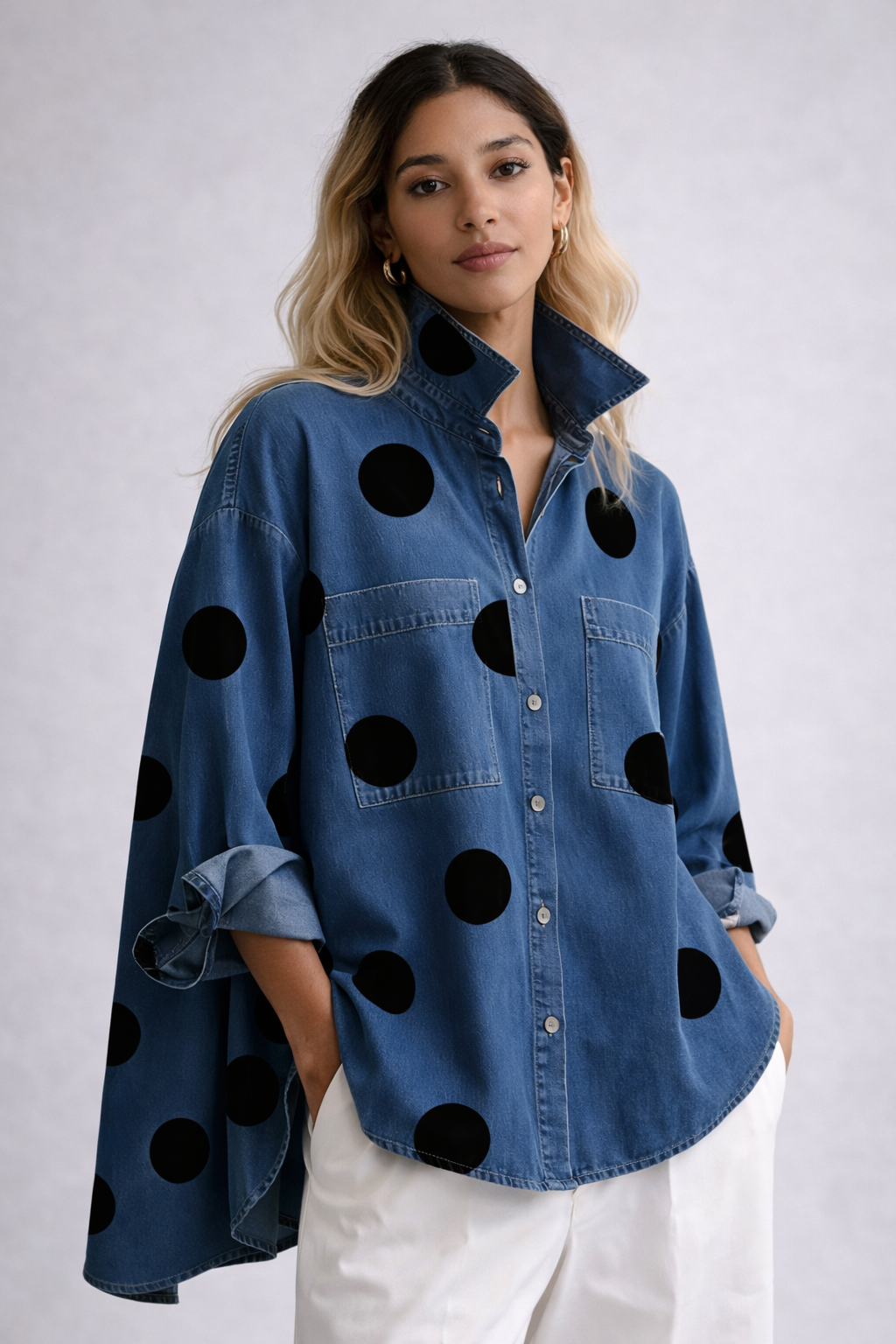 CAMISA DENIM OVERSIZE CON LUNARES - Veska 