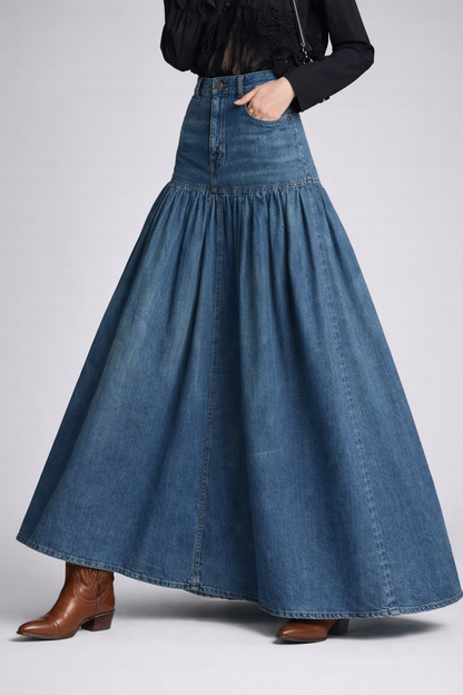 FALDA DENIM LARGA CON VUELO Y BOTAS COWBOY - Veska 