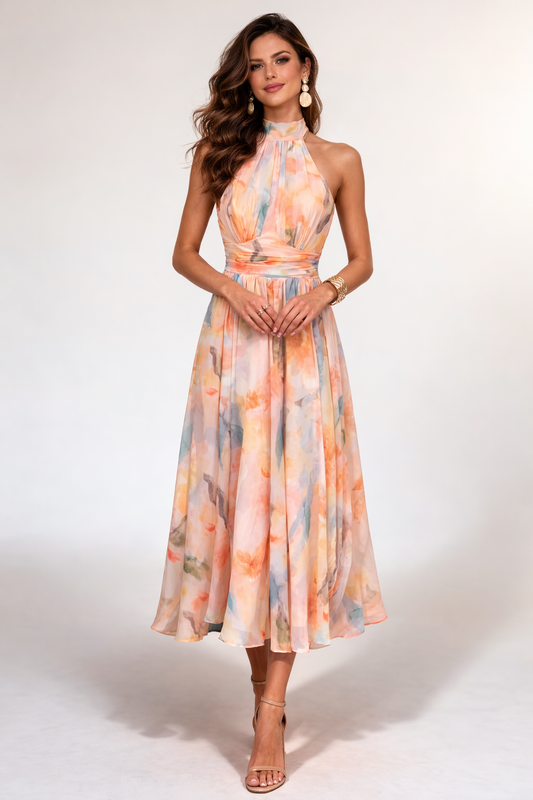 VESTIDO MIDI HALTER TONOS PASTEL ACUARELA - Veska 